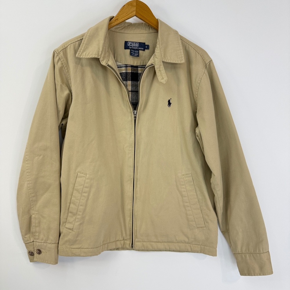 Polo Ralph Lauren Harrington Jacket Men Small Tan Plaid Lined Full Zip Cotton
